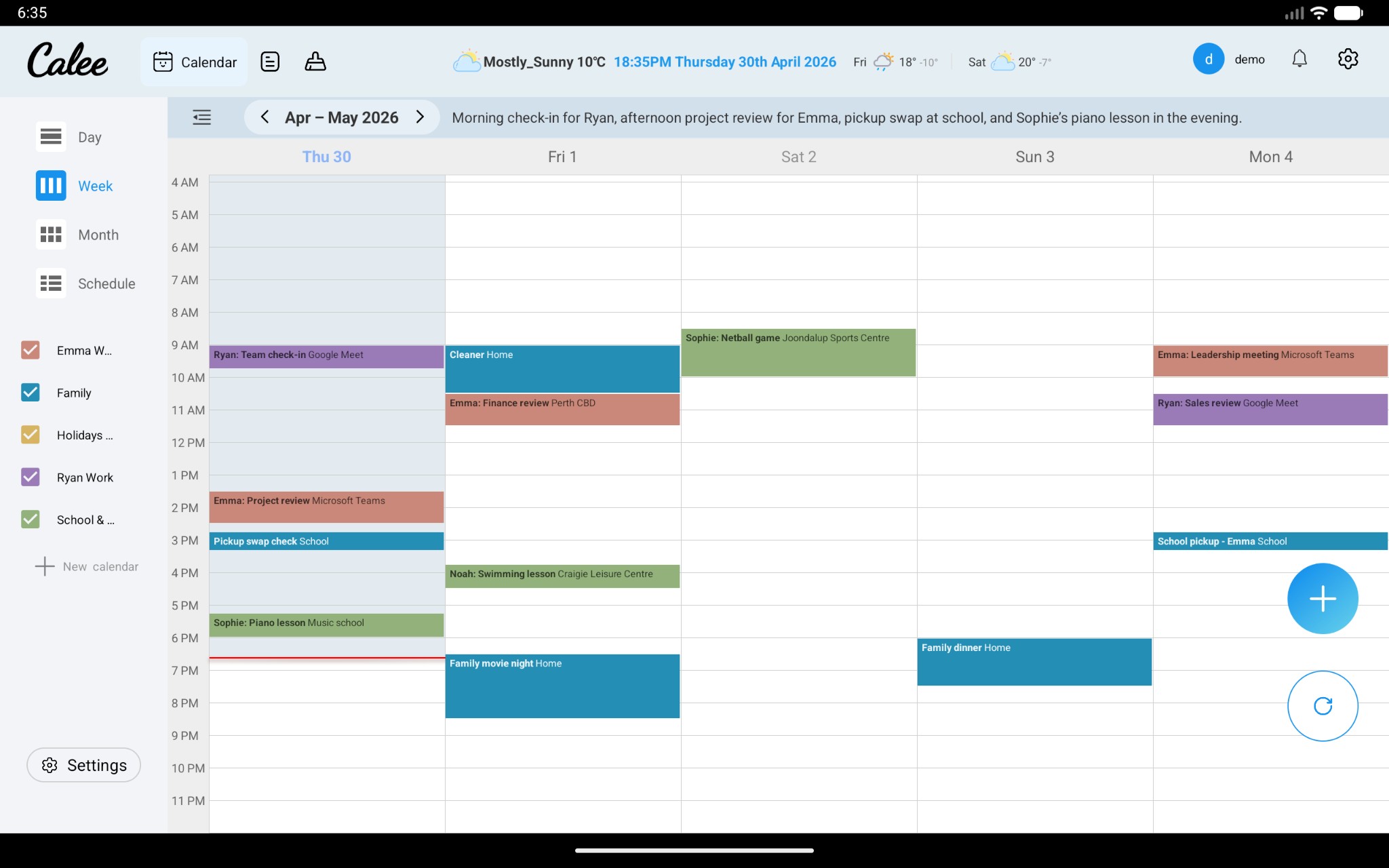 The Calee display showing Google, Apple and Outlook events together in one shared family week view