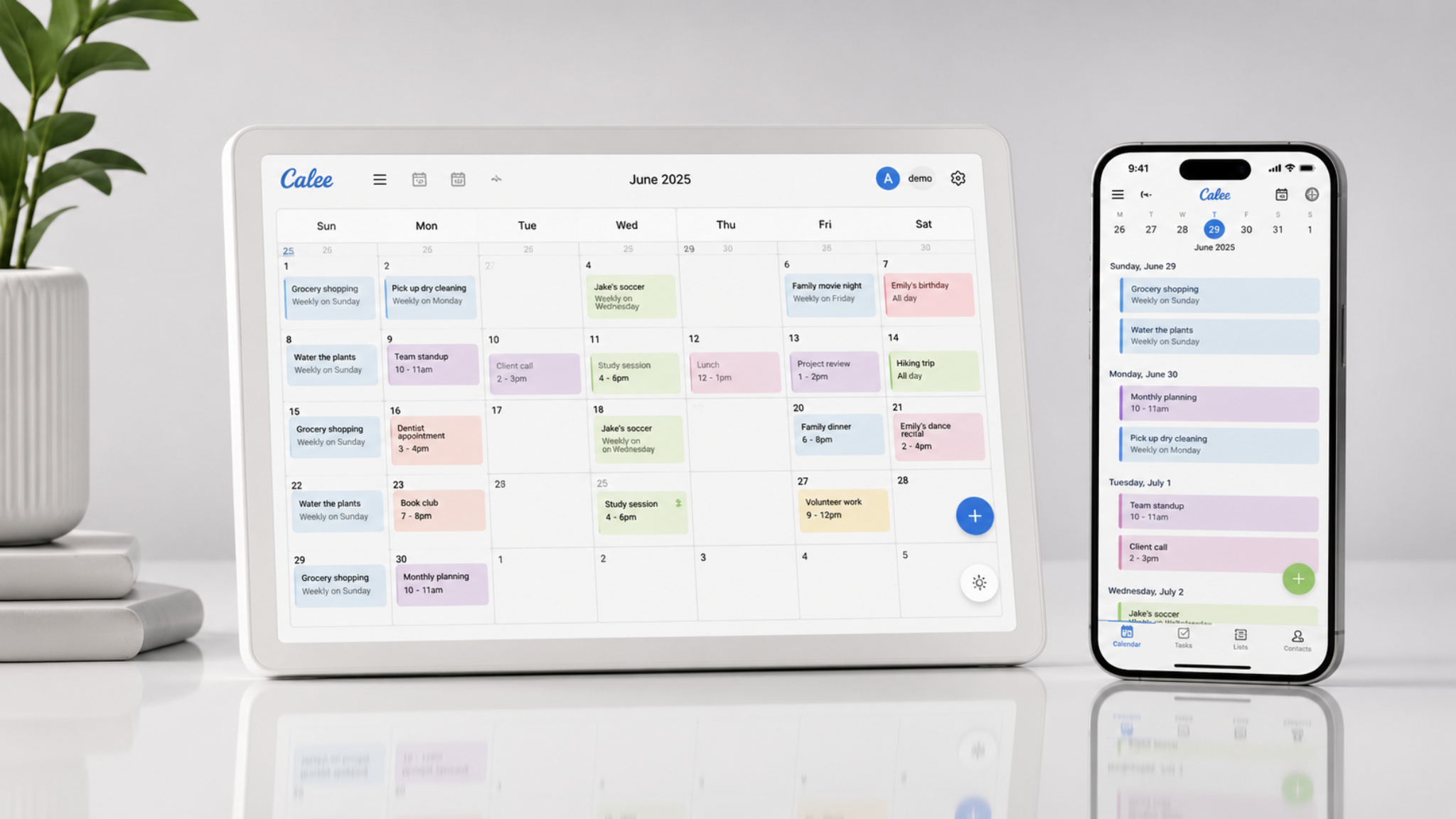 Calee on tablet and phone with synced family calendar